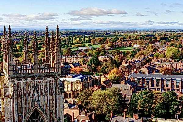 View of church spires and the city of York, England from atop York Minster